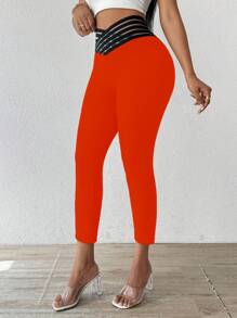 SHEIN Clasi Women's Contrast Color Criss-Cross Casual Pants - Burnt Orange - View 6