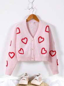 SHEIN Tween Girls' Pink Short Soft Cardigan, Heart Pattern, Suitable For Outdoor Wear, Autumn/Winter - Pink - View 10
