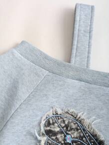 Sweetra New Casual Asymmetrical Shoulder Women Sweatshirt, Grey Embroidered Bow Oblique Shoulder Sweatshirt, Spring/Autumn Pullover Fall - Grey - View 4