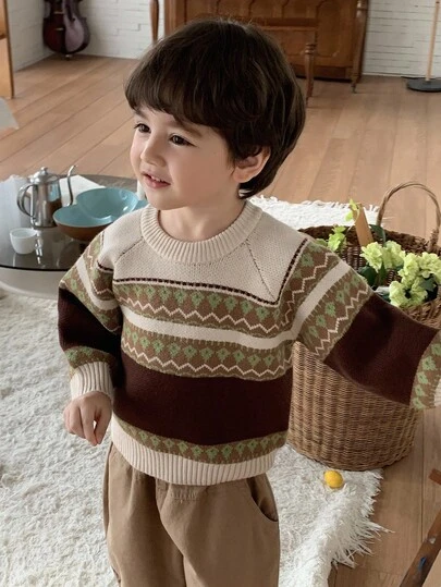 DAZY Young Boys' Loose Fit Crew Neck Patterned Sweater, Casual Autumn Fair Isle Style Vacation