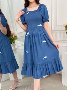 SHEIN 少女纯色泡泡袖蝴蝶结装饰休闲夏装 - 藍色 - 查看 7