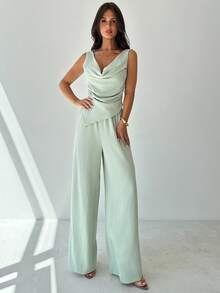 Firerie 女士简约优雅日常通勤休闲都市时尚百搭绿色纹理无袖不对称肩部宽松上衣和阔腿裤套装，夏季服装 - 綠色 - 查看 9