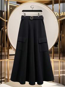 Lyxana Saia Elegante de Cor Sólida Feminina, Adequada para Uso Diário - Preto - Visão 4