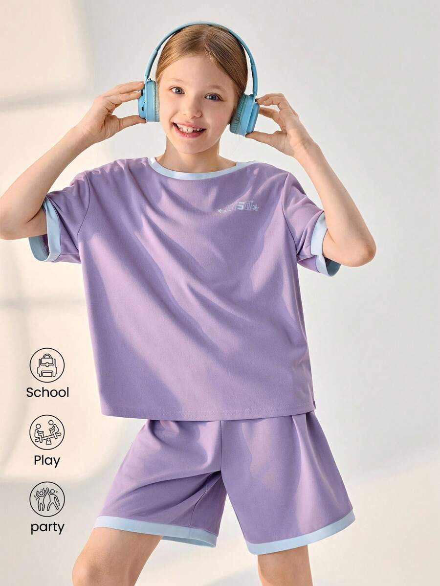 JNSQ Conjunto de camiseta e shorts esportivos casuais para meninas adolescentes de volta às aulas