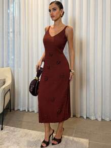 Lavishia Mocha Textured 3D Floral Knit V-Neck Slip Dress Fall Clothes For Women