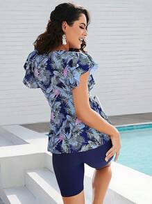 Swim Lushoire Summer Beach Tropical Print Tankini Set Butterfly Sleeve Swim Shirt & Boxer Shorts 2 Pieces Swimwear