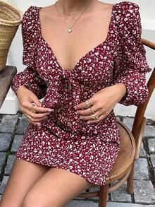 Sunnyshic Ditsy Floral Fitted Long Sleeve Dress Fall Cloth For Women