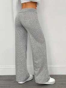 SHEIN PETITE 2pcs Women's Casual High Waist Fold-Over Wide Leg Straight Pants, Suitable For Summer,Fall - Multicolor - View 2