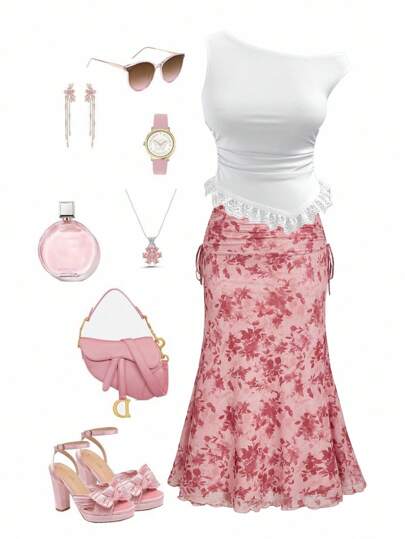 SHEIN MOD 大码女式不对称蕾丝下摆吊带背心，不对称肩部蕾丝拼接白色上衣，适合花园派对、度假、野餐、海滩、约会、休闲穿着、夏季等场合。