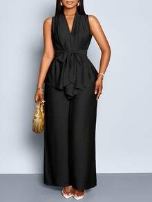 SOLERSUN Plus Size Solid Color Minimalist Sleeveless Top And Pants 2 Pieces Set - Black - View 4