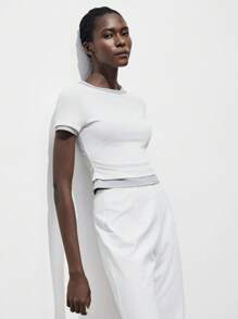 Lumivelle Business Casual Womanfall Clothes Women's Fashion Commuter Slim Fit Short Sleeve 2 In 1 Contrast Color Top All White Clothes For University - White - View 6