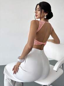 Firerie Women's Apricot Crew Neck Sleeveless Backless T-Shirt Top, Textured Fabric Top, Summer Top, Women's Casual Holiday Top