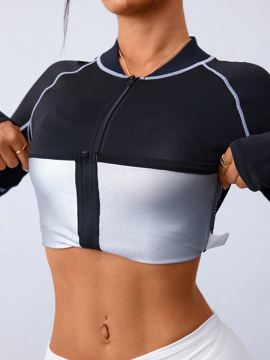Gameset SHEIN Sport Summer Outdoor Running Fitness Training Sweat-Wicking Contrast Color Zipper Raglan Sleeve Sports Sweat Suit - Black - View 1