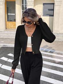 Serisse 秋冬纯色落肩纽扣短款开衫、长袖上衣、针织毛衣 - 黑色 - 查看 1