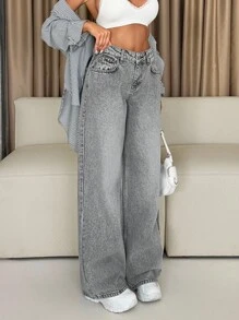 EURMUSE 休闲时尚百搭简约阔腿女式牛仔裤 - 中等水洗藍 - 查看 6