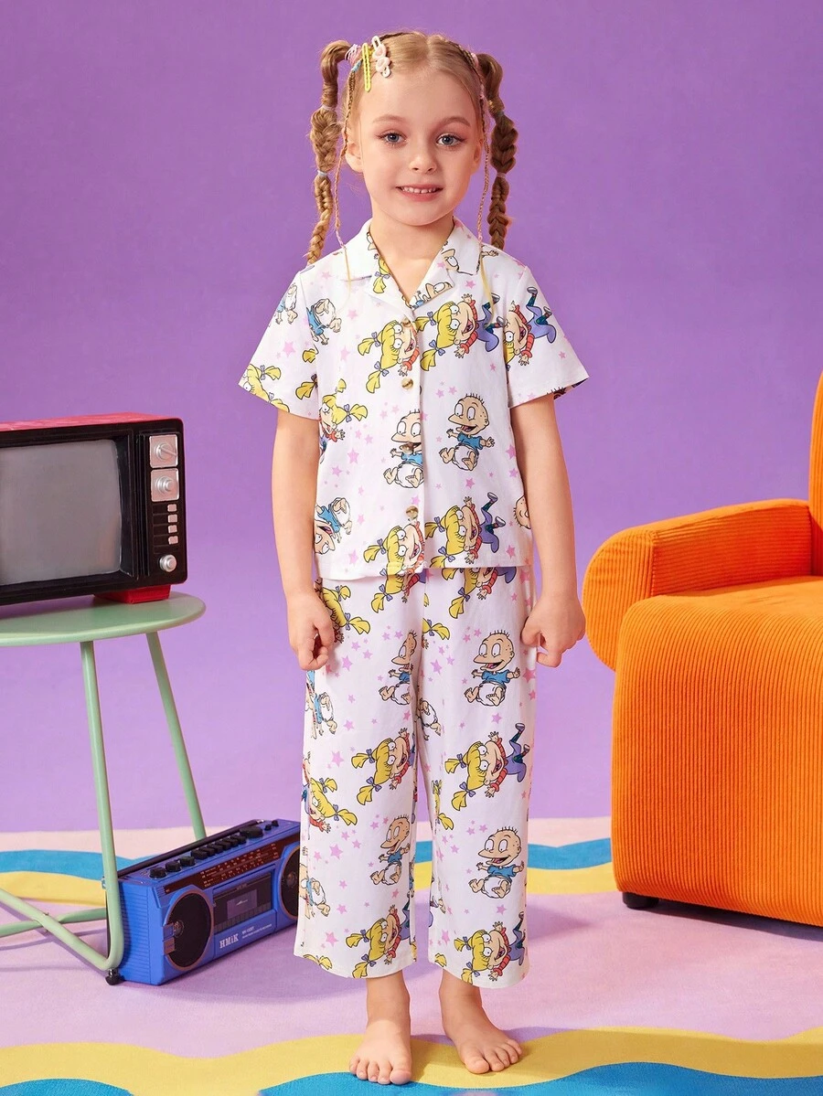 Nick 90s | SHEIN 2pcs Young Girl Cute Cartoon Pattern Collar Button Short Sleeve Top And Long Pants Pajama Set - Beige - View 1