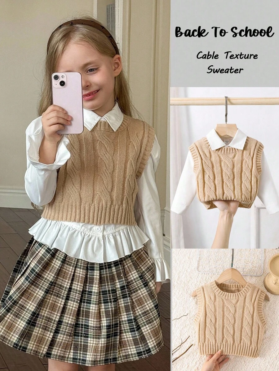SHEIN Young Girl Ribbed Knit Sweater Vest With Cable Texture, Elegant & Cute, High Quality, Warm & Soft, Versatile For Play, Daily Wear, School, Autumn & Winter,Pairing White Shirt,Back To School Season.College Style, Girls Sweater Vest Cable Knit Sweater Vest Tween Sweater Vest Girls Knitted Vest Kids Sweater Vest Fall