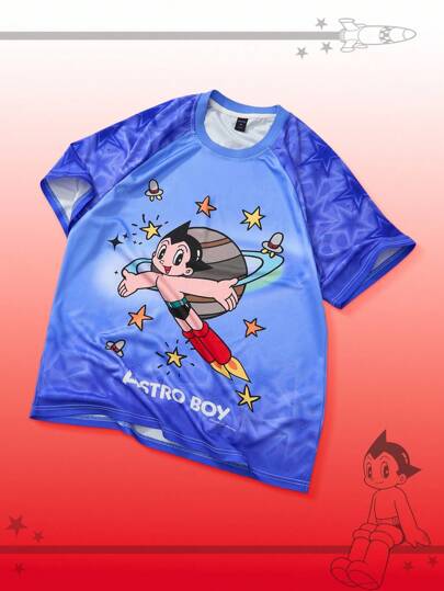 Astro Boy X ROMWE Maglietta a maniche corte da uomo con grafica a cartone animato e stampa di lettere e stelle