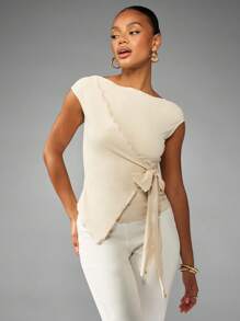 MISSGUIDED Elegant Cap Sleeve Wrap Top With Side Tie Bow Detail Asymmetric Front Summer Evening Casual Party Boat Neck Blouse