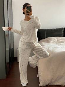 DAZY Ditsy Floral Lace Trim Patchwork Women Pajama Set, Fall Clothes - Beige - View 6