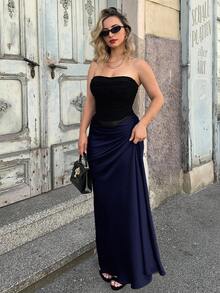 Jeta Ari Solid Color High Waisted Skirt Maxi Women Outfit - Royal Blue - View 4
