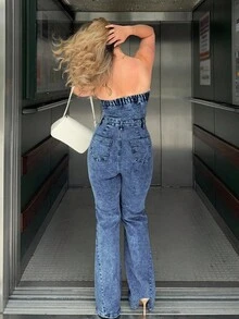 Jeta Ari 女士休闲牛仔连体裤，简约时尚日常穿着 - 中等水洗藍 - 查看 2