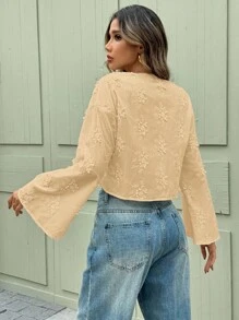 SHEIN Clasi Camisa casual de verano para mujer con empuñadura delantera de bordado tridimensional de unicolor - Caqui - Ver 2