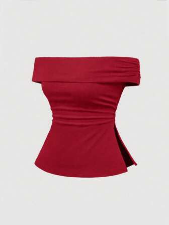 Grunge Punk Grunge Y2K Subculture Leopard Print Hem Slit Off Shoulder T-Shirt For Women, Versatile & Practical, Wine Red