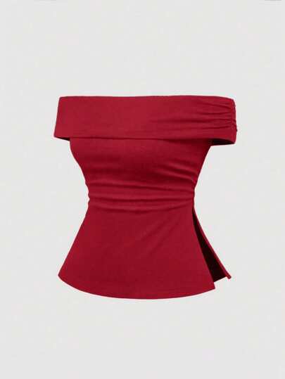 Grunge Punk Maglietta vintage da donna con spalle scoperte, fessura sul fondo e stampa leopardata, versatile e pratica, colore rosso vino