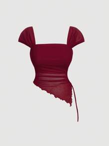 SHEIN MOD 大码女式勃艮第红色可爱系带前T恤，浪漫优雅休闲装 - 酒紅色 - 查看 1