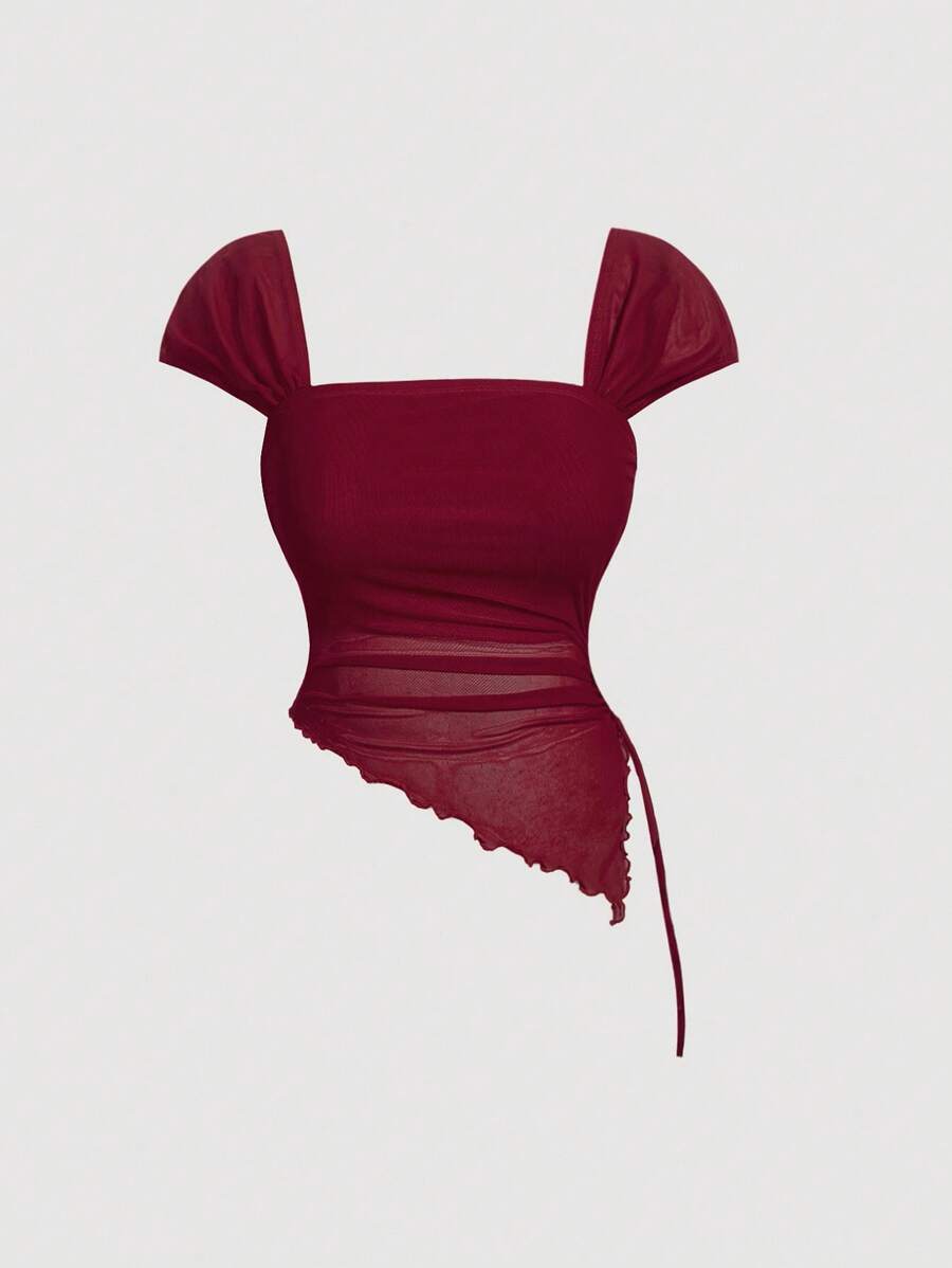 SHEIN MOD 大码女式勃艮第红色可爱系带前T恤，浪漫优雅休闲装 - 酒紅色 - 查看 1