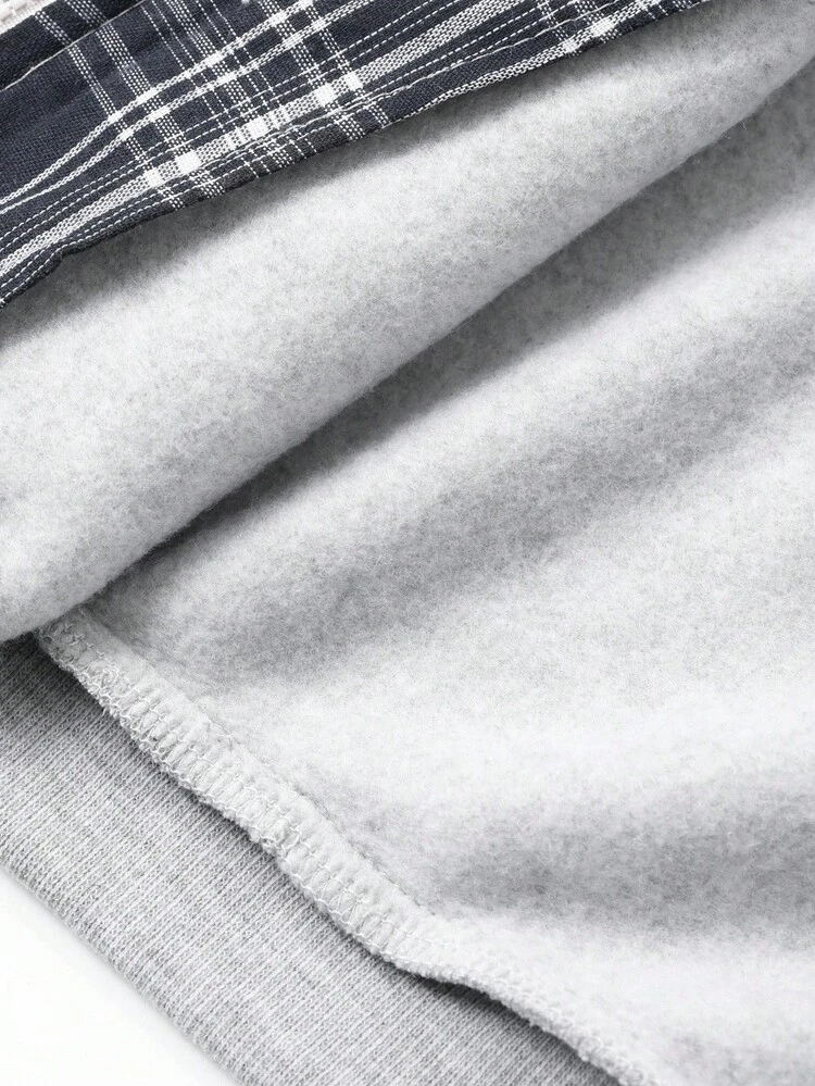 Kids Fall Clothes, Young Boys Thermal Lined Jacket, Patchwork Plaid Hooded, Casual Loose Fit, Letter Print, Minimalist Style, Autumn