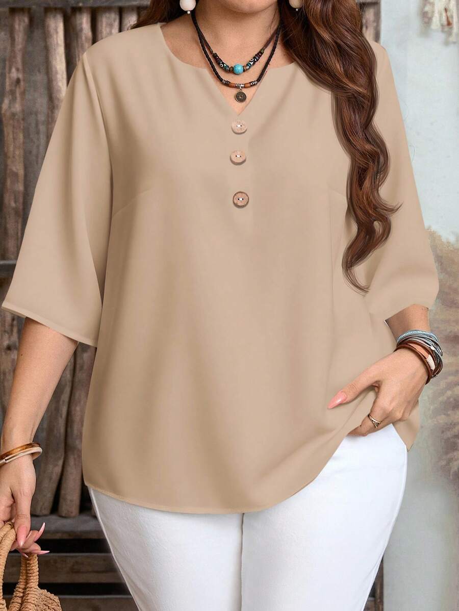 EMERY ROSE 休闲纯色卡其色装饰纽扣缺口领 3/4 袖宽松大码女式衬衫，适合夏秋季外出 - 彩色 - 查看 1