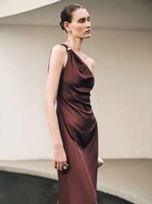 Uhlyne Robe longue élégante pour femmes, avec décoration métallique creuse en forme de larme, couleur unie évasée à la taille, pour occasions, automne