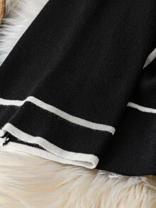 DreamSkyne Cardigan de malha listrado com manga flare e calça de malha plus size feminino, terno casual - Preto - Ver 5