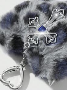 ROMWE Kawaii 1 chiếc Y2K Retro Chic Punk Lông thú giả cao cấp màu xám in hình động vật đinh tán 3D hình trái tim pha lê rỗng chữ thập tự làm móc khóa túi xách, thích hợp cho phụ nữ, trang phục hàng ngày, quà tặng ngày lễ - Xám - Xem 4