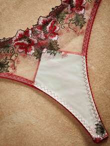 SHEIN Women's Sexy Floral Embroidery Lingerie Set - Red - View 4