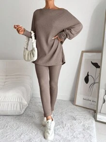 EURMUSE 棉质女士纯色船领镂空上衣和紧身裤两件套 - 米色 - 查看 5