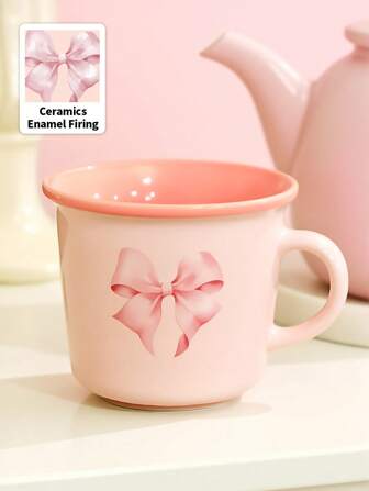 Kawaii 1pc Colored Ceramic Coffee Cup, Pink Simple Household Water Cup, Dishwasher, Microwave Compatible,Bow Pattern Cup, Kawaii Style,Suitable For Restaurant Or Home,Home Decor