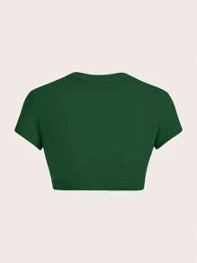 SHEIN ICON Áo thun nữ dáng ôm cổ tròn tay ngắn họa tiết tối giản màu xanh ô liu - Màu xanh lá cây đậm - Xem 2