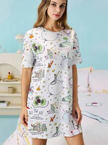 LE PETIT PRINCE X SHEIN Women's Cartoon & Planet & Fox & Rose Pattern Loose T-Shirt Nightdress, Back To School, For Fall And Winter - White - View 4