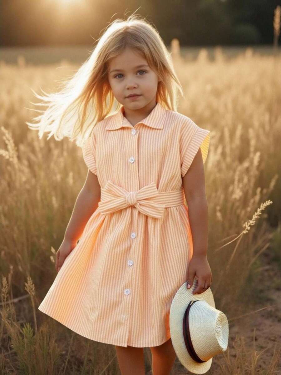 SHEIN Vestido de manga corta con cuello polo, cuello de tirantes cortos y cómodo para niña, adecuado para uso diario, de vuelta a la escuela - Amarillo - Ver 1