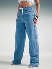 Denimoi Straight Leg Drawstring Tie Waist Denim Jeans Summer Vacation Straight Jeans Drawstring Jeans - Light Wash - View 4