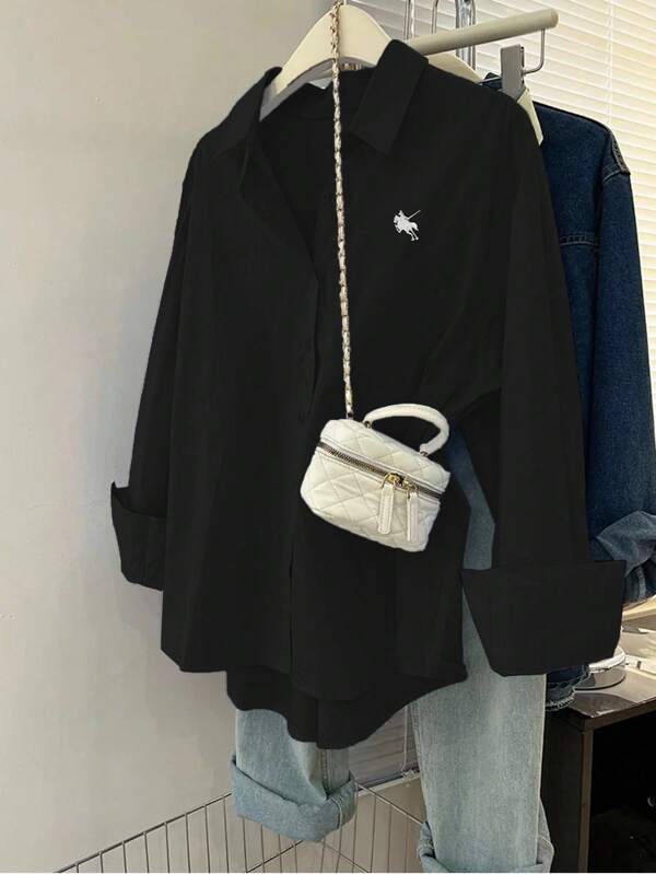 INAWLY Plus Size Casual Versatile Solid Color Long Sleeve Shirt Fall Cloth For Women