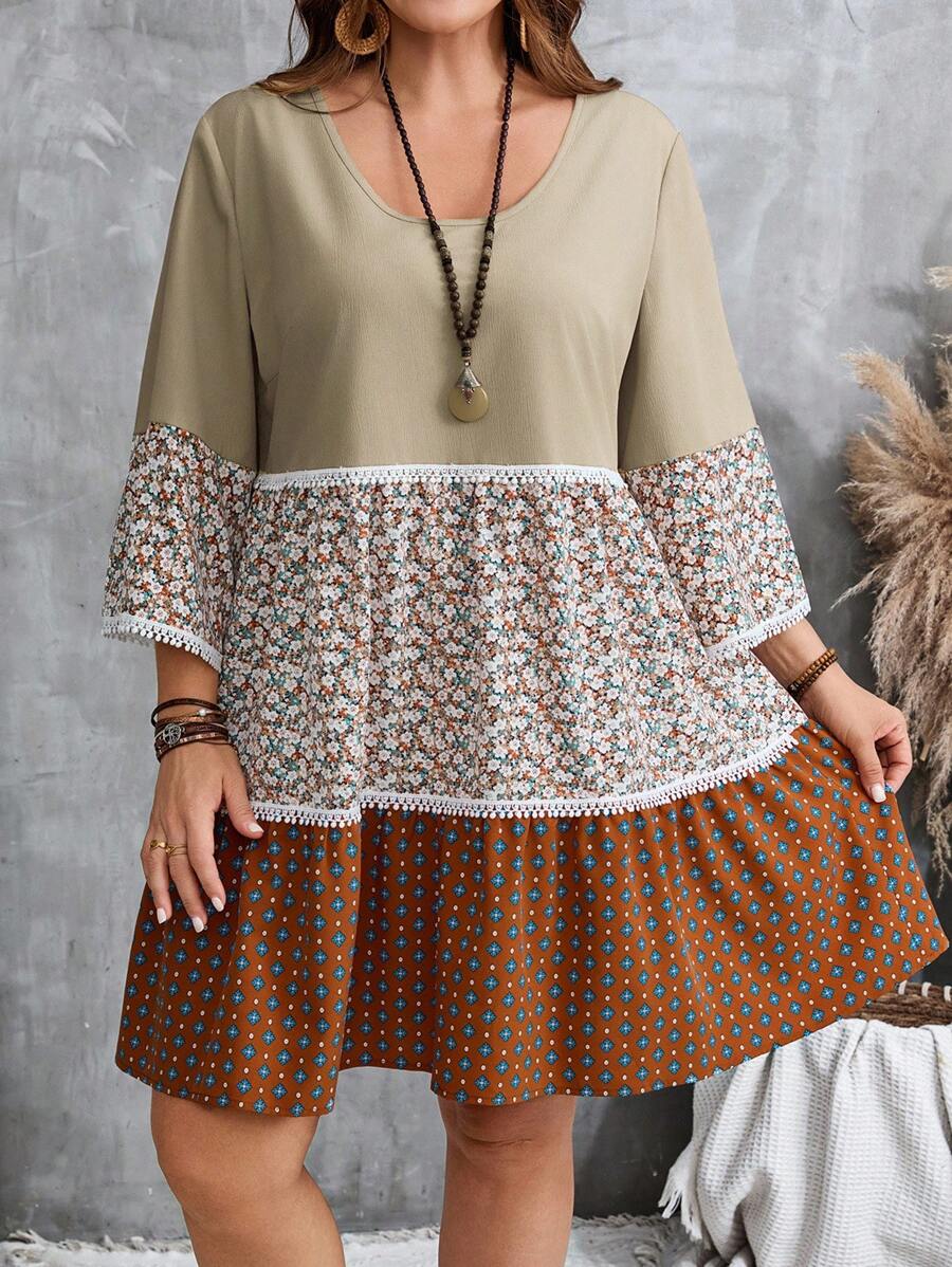 EMERY ROSE Übergröße, Urlaub, lässig, dreilagig, farblich abgestimmt, Blumennähte, Spitzendekoration, lockeres Babydoll-Kleid, Rundhalsausschnitt, knielanges Kleid, Boho-Kleid, Übergröße, Blumenmuster, Übergröße, Sommerkleid in Übergröße, Herbstkleider für Damen, Country-Konzert-Outfit, Übergröße, Boho-Kleid, Übergröße, Blumenkleid - Verschiedenfarbig - Übersicht 1