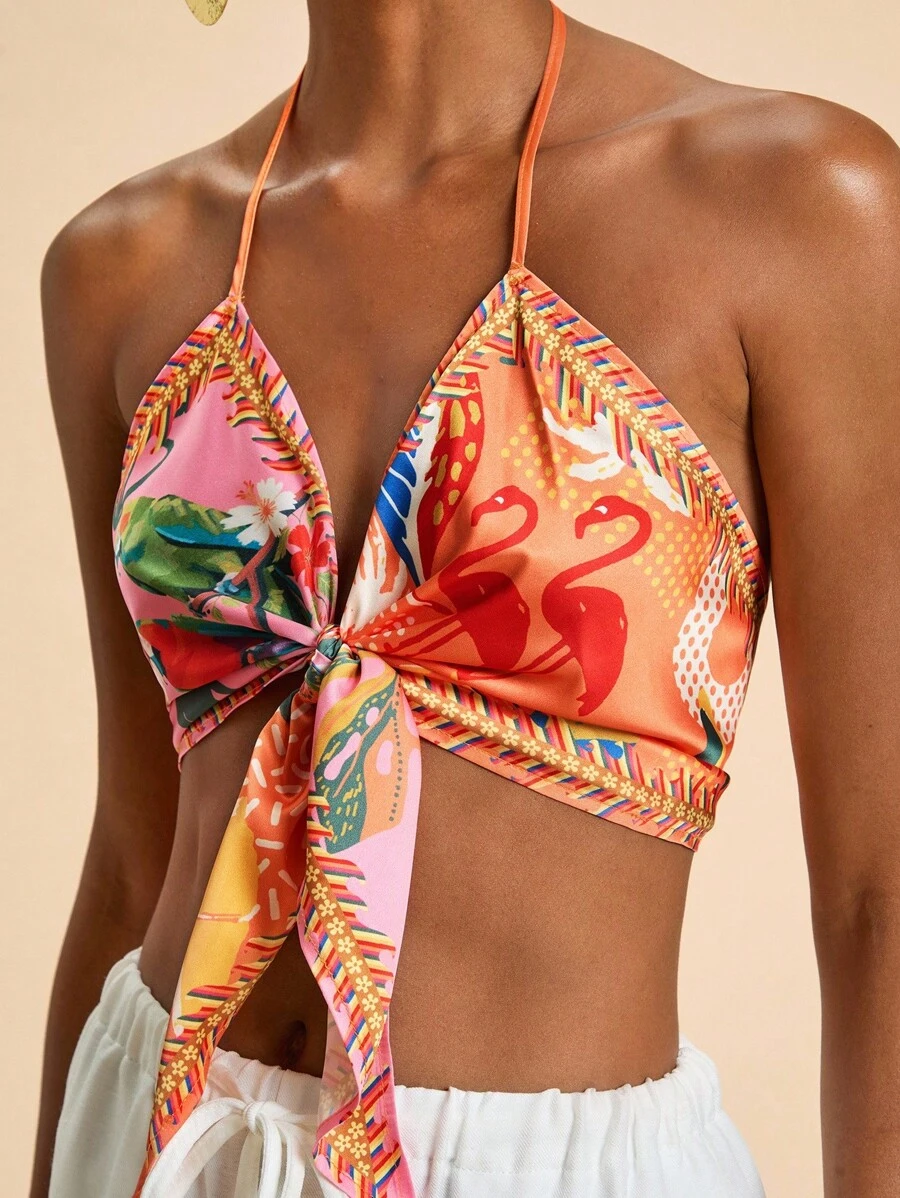 Travachic Top halter bohemio vibrante de tela tejida con diseño de estampado aleatorio llamativo para ropa de playa de otoño e invierno - Multicolor - Ver 1