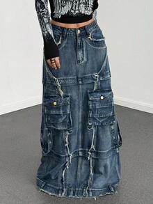 StreetHx 女士时尚实用加长牛仔裙、工装裙 - 藍色 - 查看 4