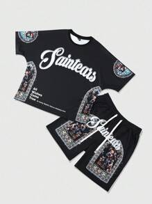 ROMWE MEN Street Life Set Kaos Lengan Pendek dan Celana Pendek Pria Motif Yesus Bahasa Inggris, Model Batwing, Tema Halloween - Hitam - View 1