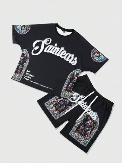 Street Life Men's Jesus English Graphic Print Batwing Short Sleeve T-Shirt & Shorts Set, Halloween