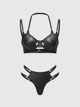Grunge Punk Dark Punk PU Material Underwire Bra & G-String Sexy Lingerie Set